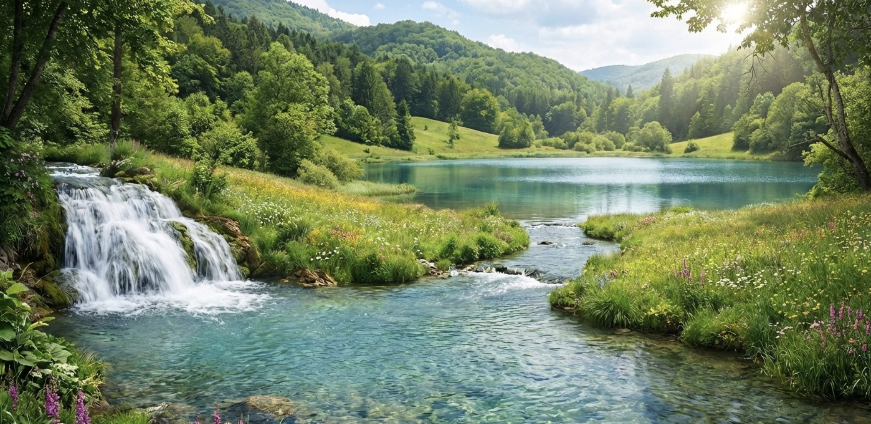 Pristine landscape with clear water, waterfall, and healthy forest — environmental restoration outcome