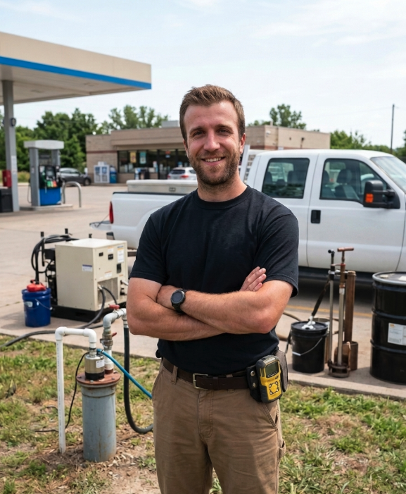 EE&G field technician on site at a fueling station with monitoring equipment, gas detector, and service truck
