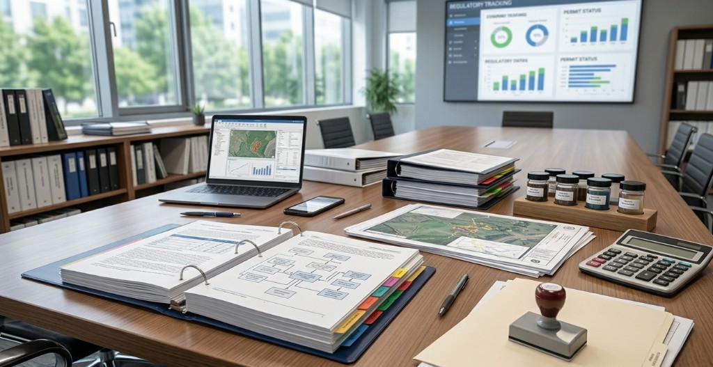 Conference room with compliance binders, site maps, sample jars, and a regulatory tracking dashboard for environmental permitting